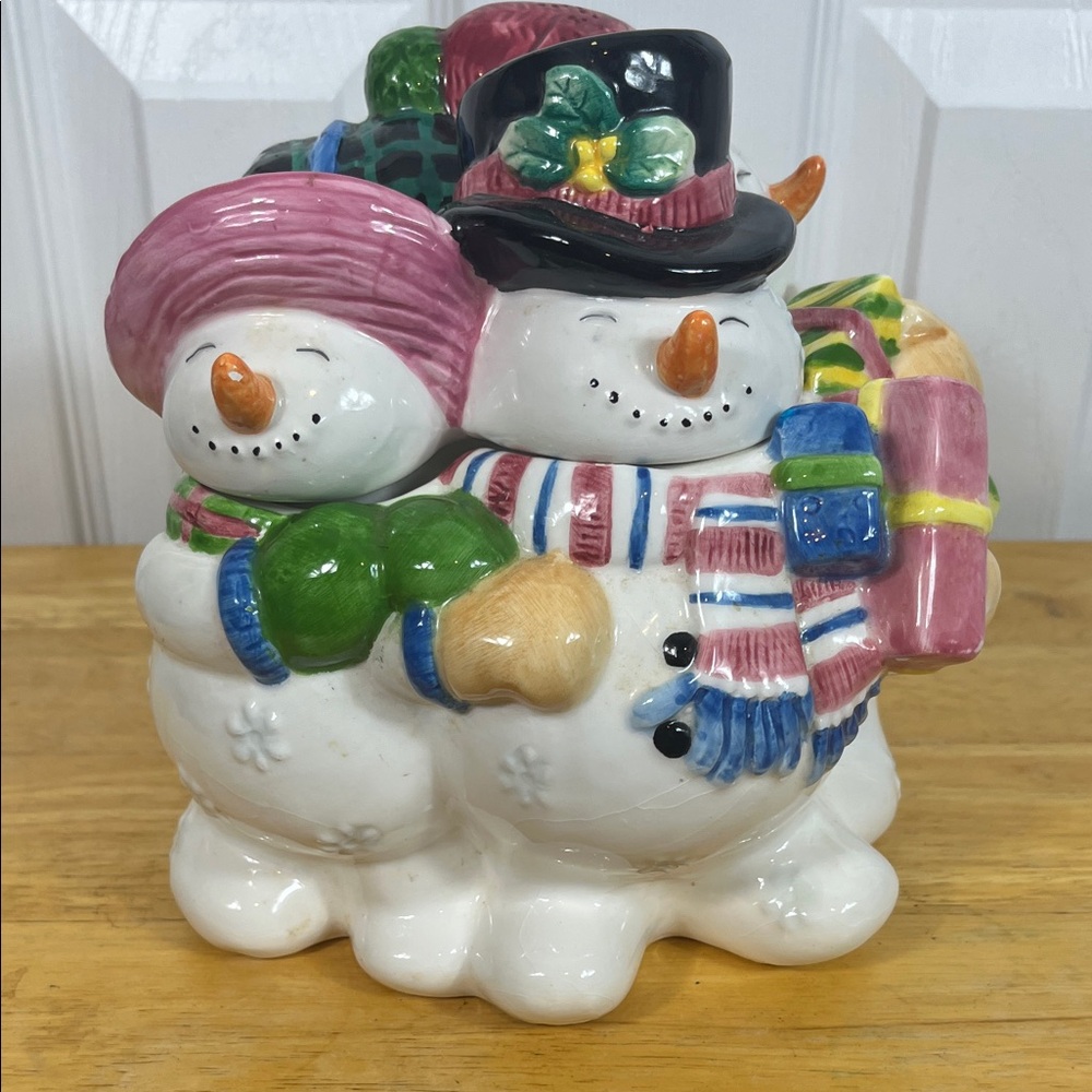 Ceramic 4 Snowman 2 pc. Jar. 8” high, 9” wide. Lid comes off.